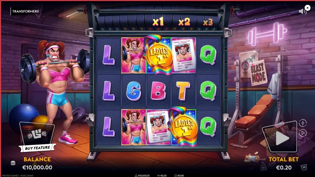 Tampilan visual neon-noir dari slot Transformers dengan karakter utama di arena