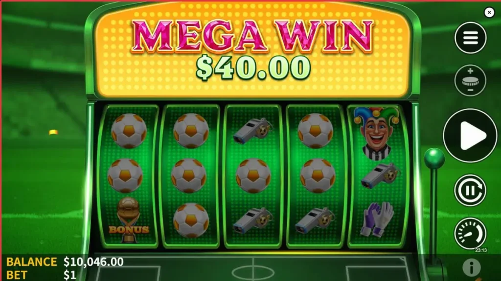 Tampilan visual slot Soccer Joker dengan tema stadion neon dan simbol sepak bola