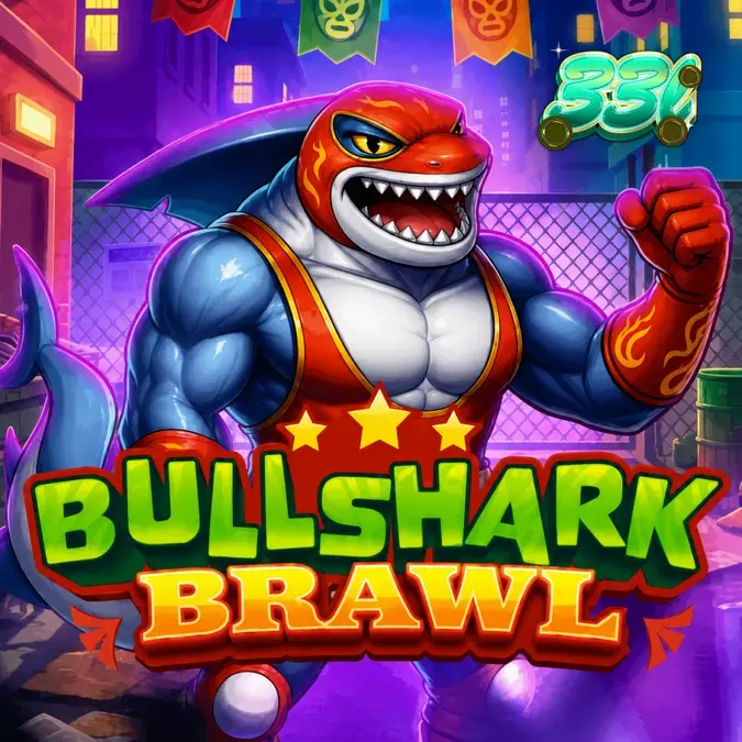 Tampilan visual slot Bullshark Brawl dengan karakter hiu luchador