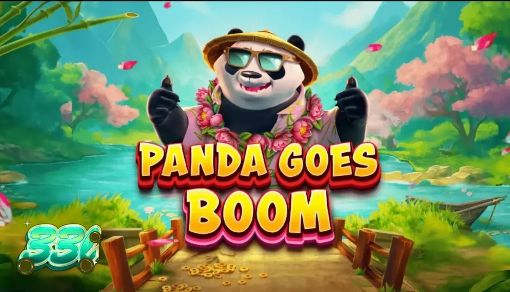 Panda Goes Boom slot game screen with bamboo and golden elements